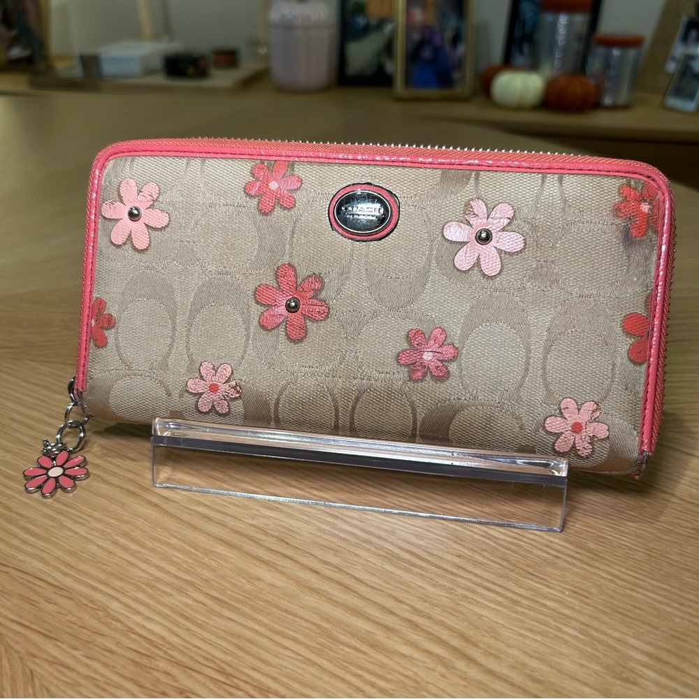 Coach Signature Floral Accordion Zip Around Wallet